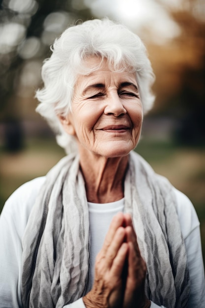 Une photo d'une femme âgée heureuse faisant du yoga à l'extérieur créée avec l'IA générative