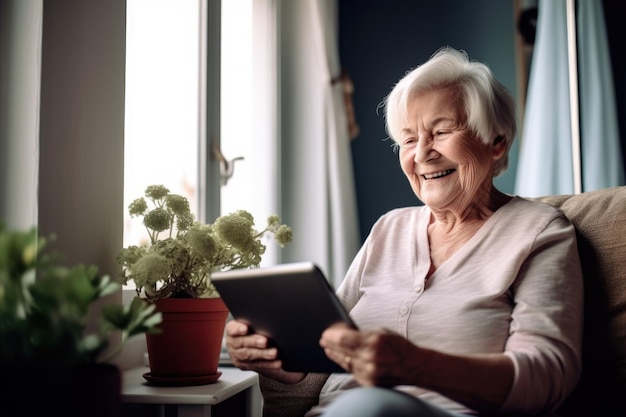 Photo d'une femme âgée heureuse utilisant une tablette numérique à la maison créée avec une IA générative