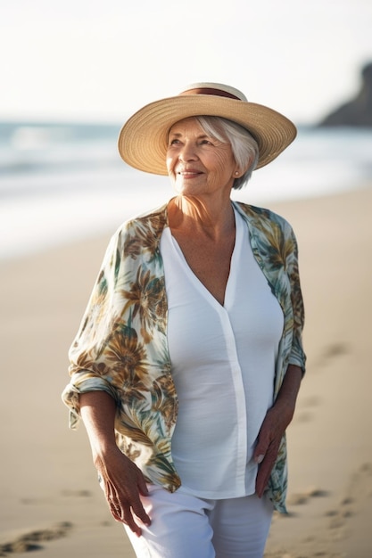 Une photo d'une femme âgée sur la plage.