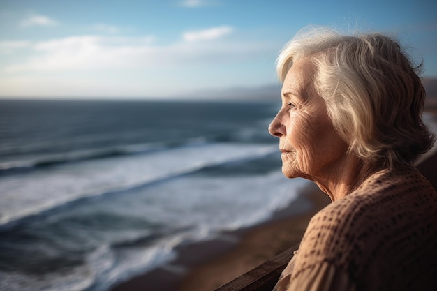 Photo d'une femme âgée regardant l'océan créée avec une IA générative
