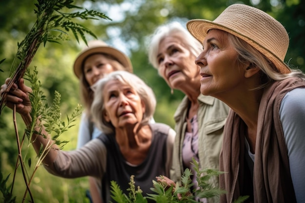 Photo photo d'une femme âgée regardant des plantes avec ses amis dans la nature créée avec une ia générative