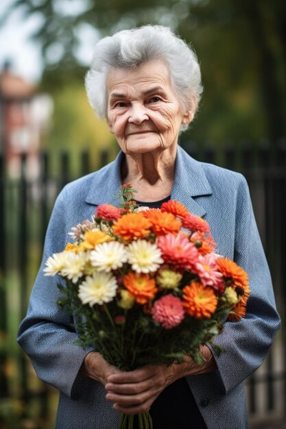 Photo d'une femme âgée tenant un bouquet de fleurs à la main créée avec une IA générative