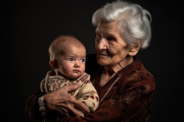 Une photo d'une femme âgée tenant un jeune bébé sur un fond de studio créé avec l'IA générative