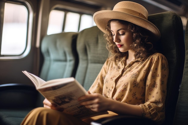 Photo d'une femme allongée confortablement dans son siège lisant un magazine de voyage et portant un chapeau Generative AI