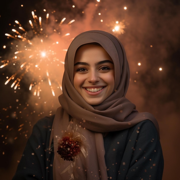 photo d'une femme arabe souriante devant un feu d'artifice