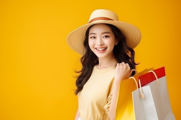 photo d'une femme asiatique heureuse tenant des paquets d'achats colorés sur fond jaune