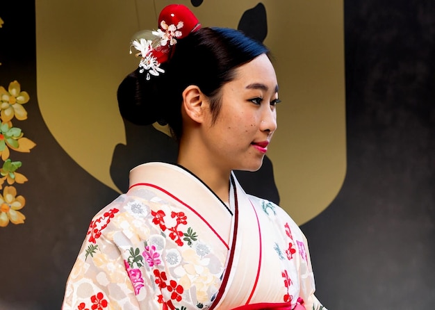 Photo femme asiatique portant un kimono traditionnel japonais