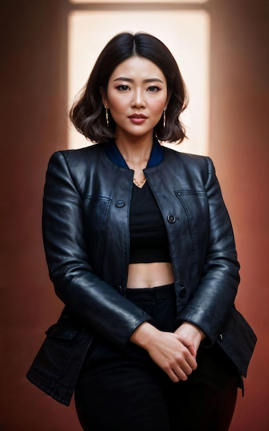 Photo d'une femme asiatique en tenue de veste avec une lumière colorée en arrière-plan IA générative