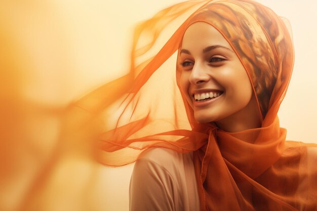 Une photo d'une femme atteinte de cancer portant un foulard et souriante en double exposition dans le style de l'art vintage