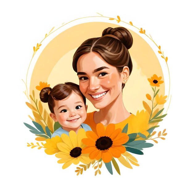 une photo d'une femme et d'un bébé avec des tournesols