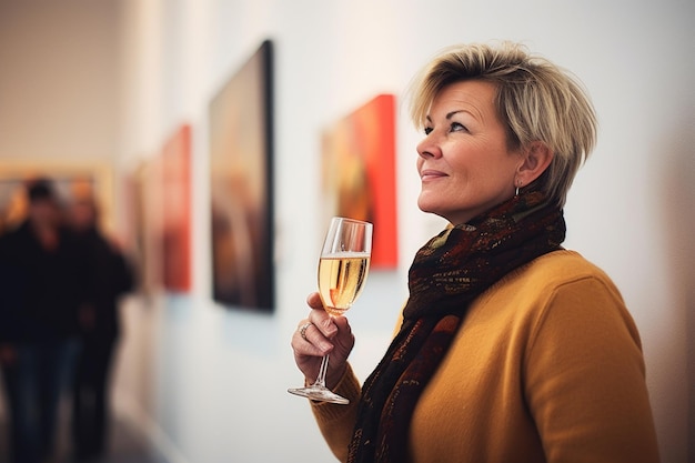 Photo d'une femme buvant du vin mousseux dans une galerie d'art créée avec une IA générative