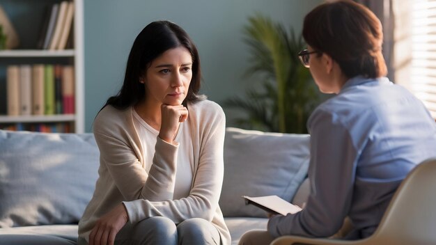 Photo d'une femme caucasienne réfléchie en train de discuter avec un psychologue lors d'une séance de thérapie à Roo