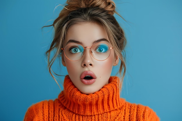 Photo photo d'une femme choquée et impressionnée vêtue d'un pull orange qui n'aime pas les gadgets modernes isolés en bleu