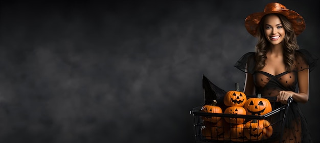 photo femme costume de fête d'halloween avec des citrouilles dans le panier bannière de vente du jour de l'halloween