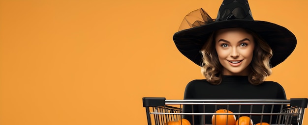 photo femme costume de fête d'halloween avec des citrouilles dans le panier bannière de vente du jour de l'halloween