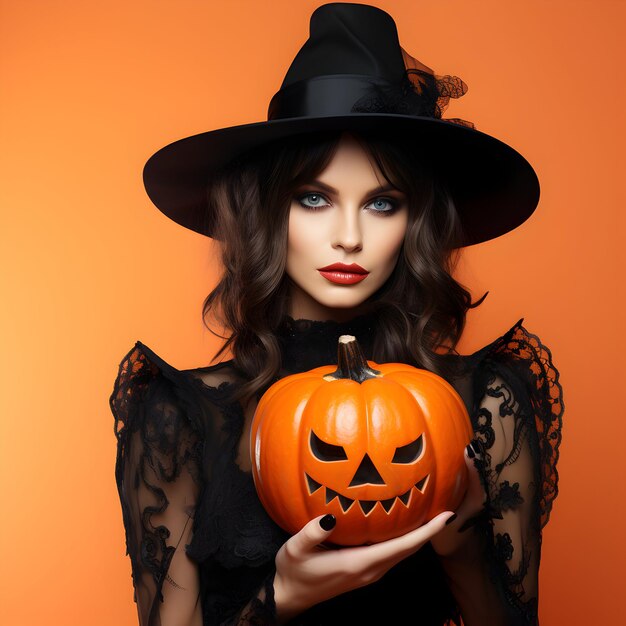 Photo Femme en costume de sorcière avec citrouille maléfique effrayante Concept de jour d'Halloween ai générative