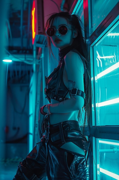 Photo d'une femme cyberpunk dans une ville nocturne