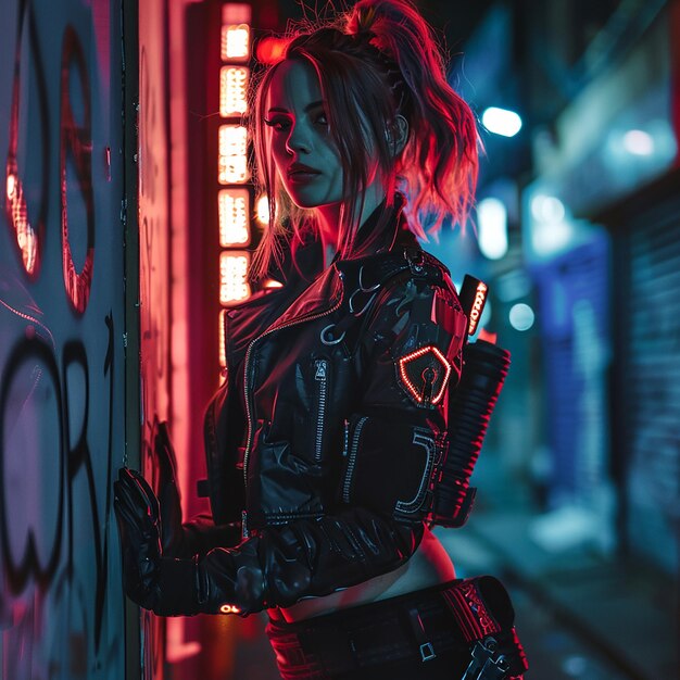 Photo d'une femme cyberpunk dans une ville nocturne