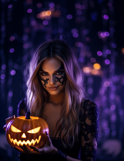 Photo d'une femme dans un costume de fête d'Halloween effrayant avec une citrouille maléfique pour le jour d'Haloween