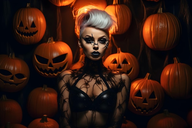 Photo femme dans un costume d'halloween citrouille maléfique pour le jour d'Halloween