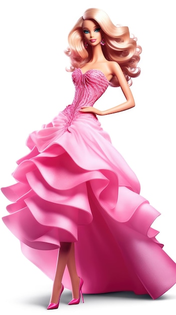 Une photo d'une femme dans une robe rose avec des cheveux roses.