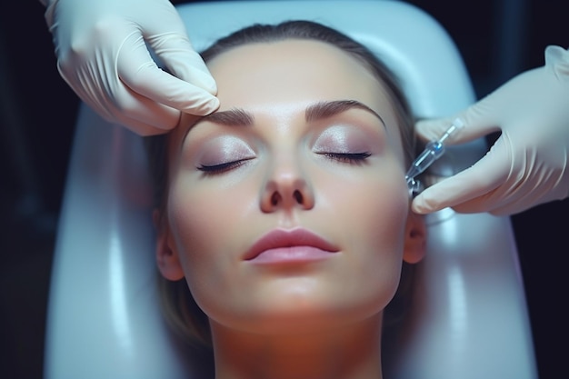 Photo d'une femme dans un salon de beauté. Détournez-vous. Recevez une injection de Botox au visage avec une seringue.