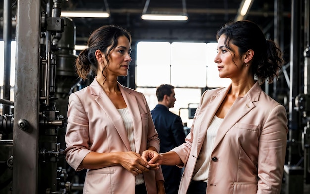 Photo d'une femme entrepreneure travaillant à l'usine avec une machine et une IA générative de travailleur