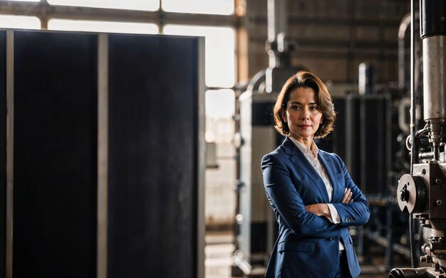 Photo d'une femme entrepreneure travaillant à l'usine avec une machine et une IA générative de travailleur