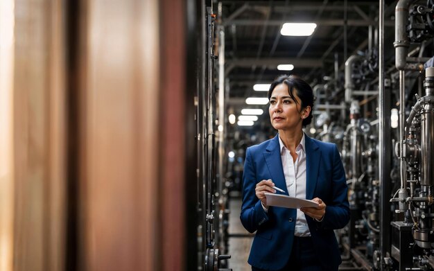 Photo d'une femme entrepreneure travaillant à l'usine avec une machine et une IA générative de travailleur