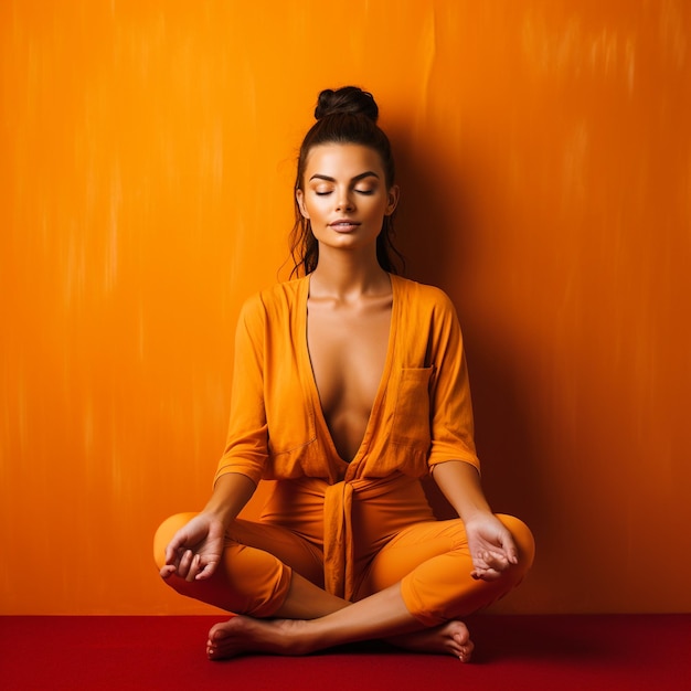 photo d'une femme faisant du yoga et de la méditation devant un mur de couleur orange