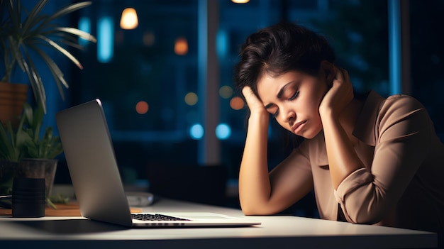 Photo d'une femme fatiguée assise devant l'ordinateur et travaillant Femme fatiguée travaillant