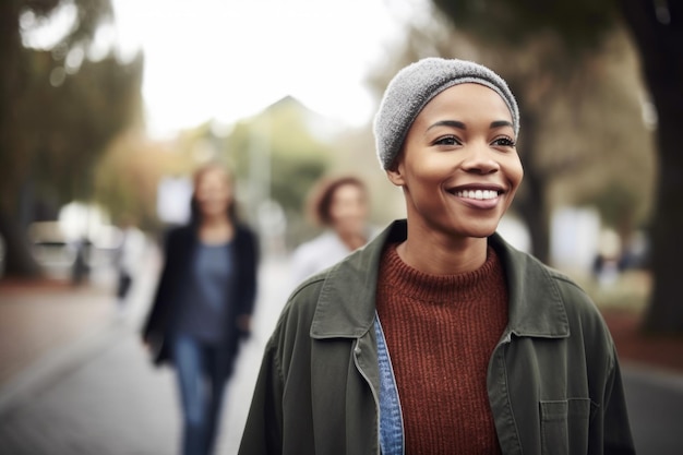 Photo d'une femme heureuse debout à l'extérieur avec son partenaire en arrière-plan créé avec une IA générative