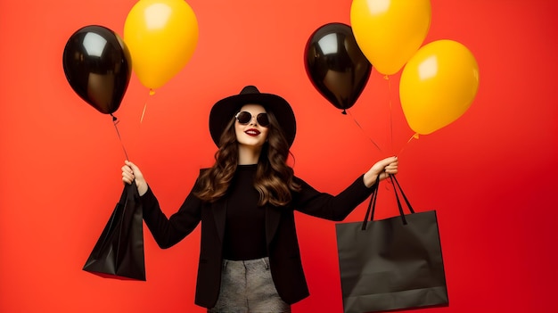 Photo d'une femme heureuse avec un sac à provisions et des ballons en vente de Noël le vendredi noir