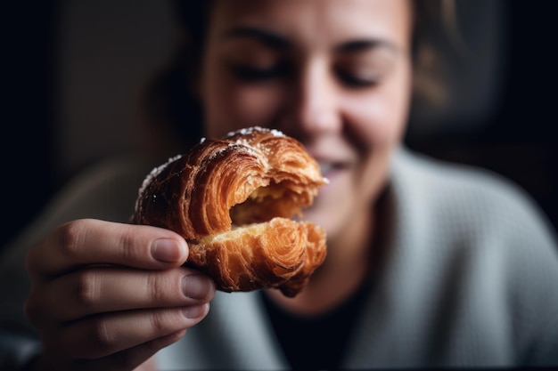 Photo une photo d'une femme inconnaissable prenant une bouchée de son croissant créé avec de l'ia générative.