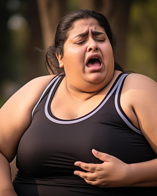 Photo d'une femme indienne en surpoids prenant une pause pour respirer après avoir couru dans le parc