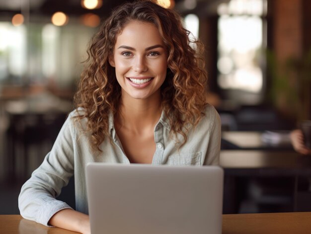 Photo d'une femme joyeuse et gentille utilisant un ordinateur portable Une belle femme d'affaires tapant sur un appareil portable