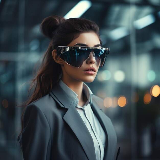 Photo d'une femme avec des lunettes intelligentes de technologie futuriste