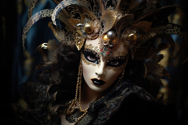 Photo d'une femme avec un masque vénitien doré et portant une robe noire