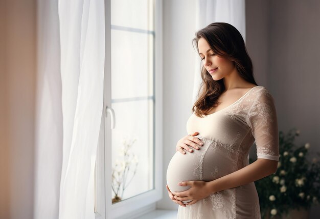 Photo d'une femme mère enceinte mignonne et heureuse touchant son ventre