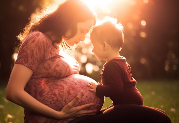Photo d'une femme mère enceinte mignonne et heureuse touchant son ventre
