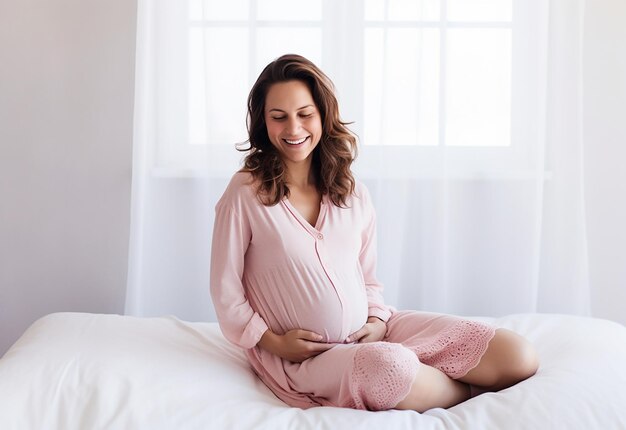 Photo d'une femme mère enceinte mignonne et heureuse touchant son ventre