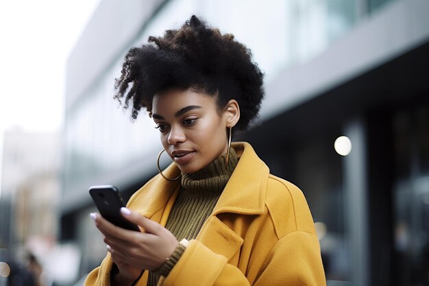 Photo d'une femme montrant à quelqu'un quelque chose sur son téléphone à l'extérieur créé avec une IA générative