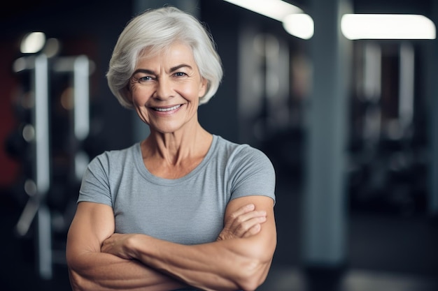 Photo d'une femme mûre souriante serrant ses bras dans une salle de sport créée avec une IA générative