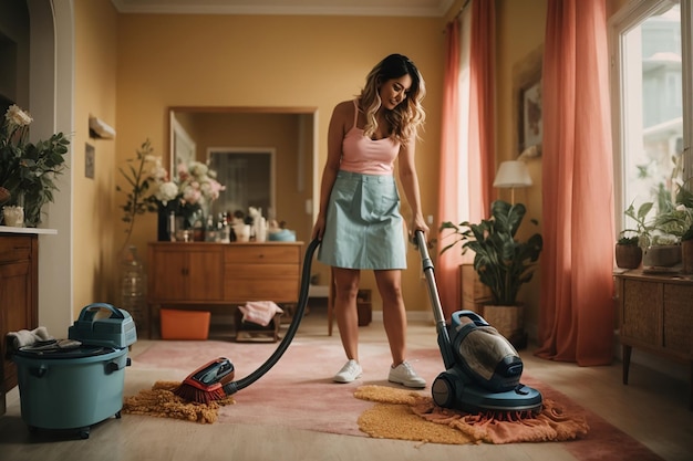 Photo d'une femme nettoyant la maison à l'aide d'un aspirateur