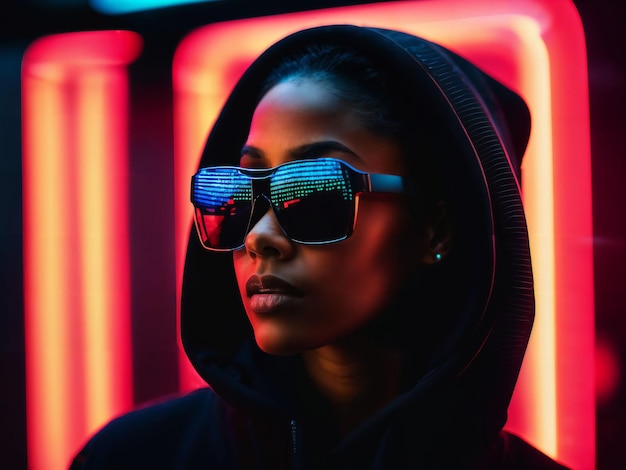 photo d'une femme noire portant un sweat à capuche noir dans une salle de centre de données de serveur avec une IA générative de lumière au néon