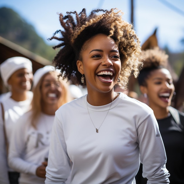 Une photo d'une femme noire riant avec des amis