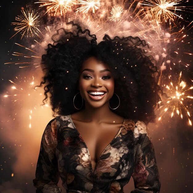 photo d'une femme noire souriante devant un feu d'artifice