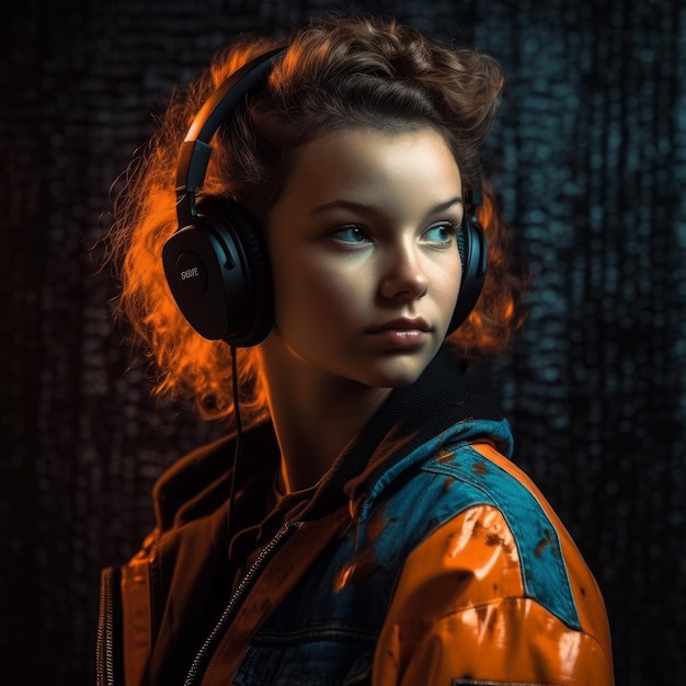 Photo d'une femme portant un casque et regardant autour d'elle générative