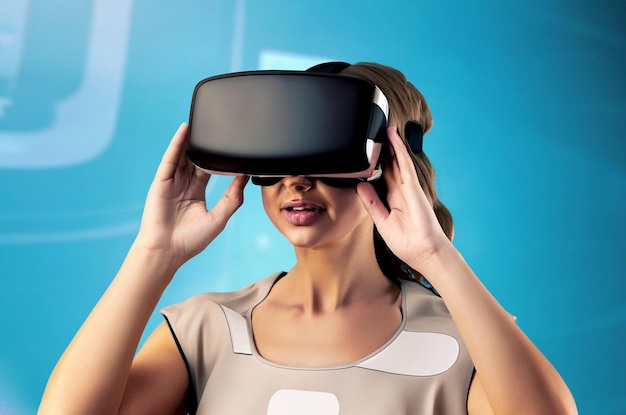 photo femme portant un simulateur de réalité virtuelle sur fond 3D