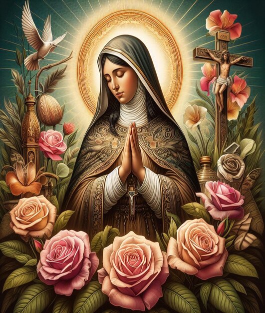 Photo une photo d'une femme priant avec des roses et le mot dieu